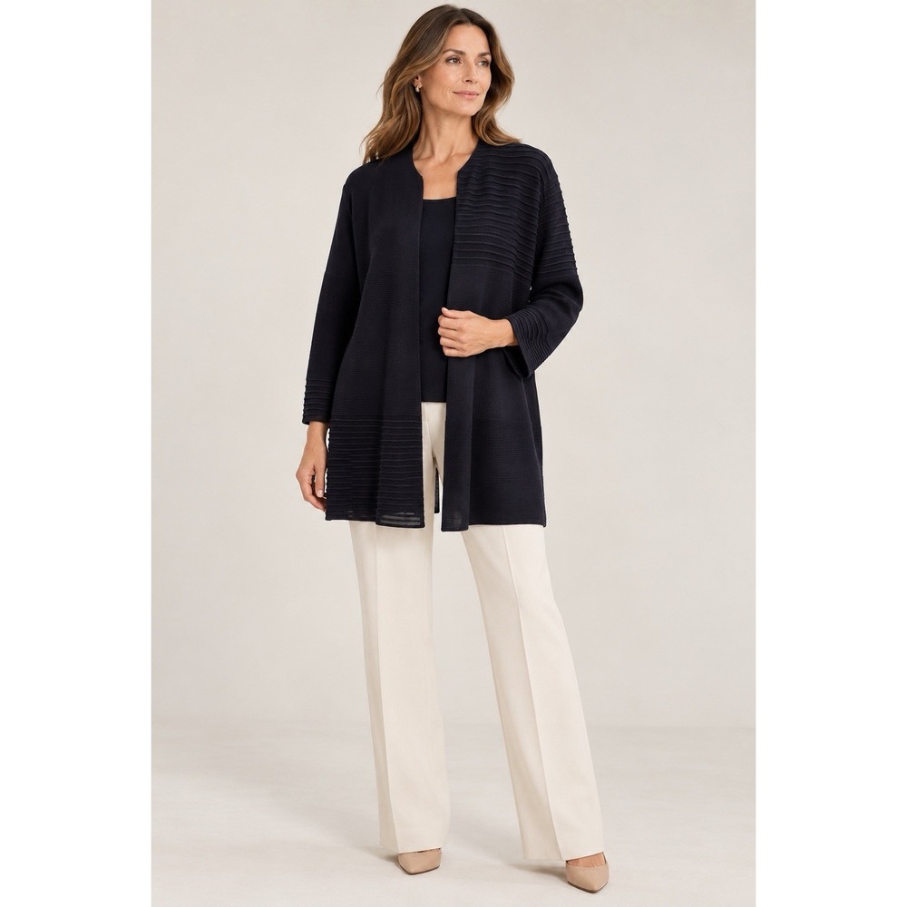 Misook Women's Long Cardigan 1X Navy Blue Open Front Textured Knit Jacket